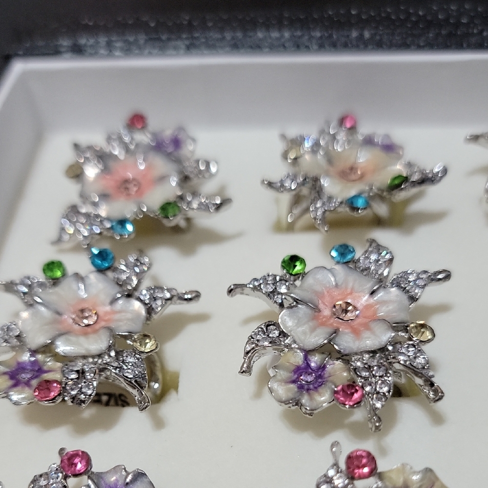 Floral Crystal Earrings Set - Silver and Multicolor
